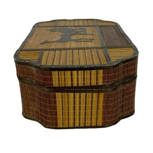 Bamboo Wooden Trinket Stash Box Deer Trees Silhouette Natural Boho Wood Vtg 70s - Picture 6 of 10